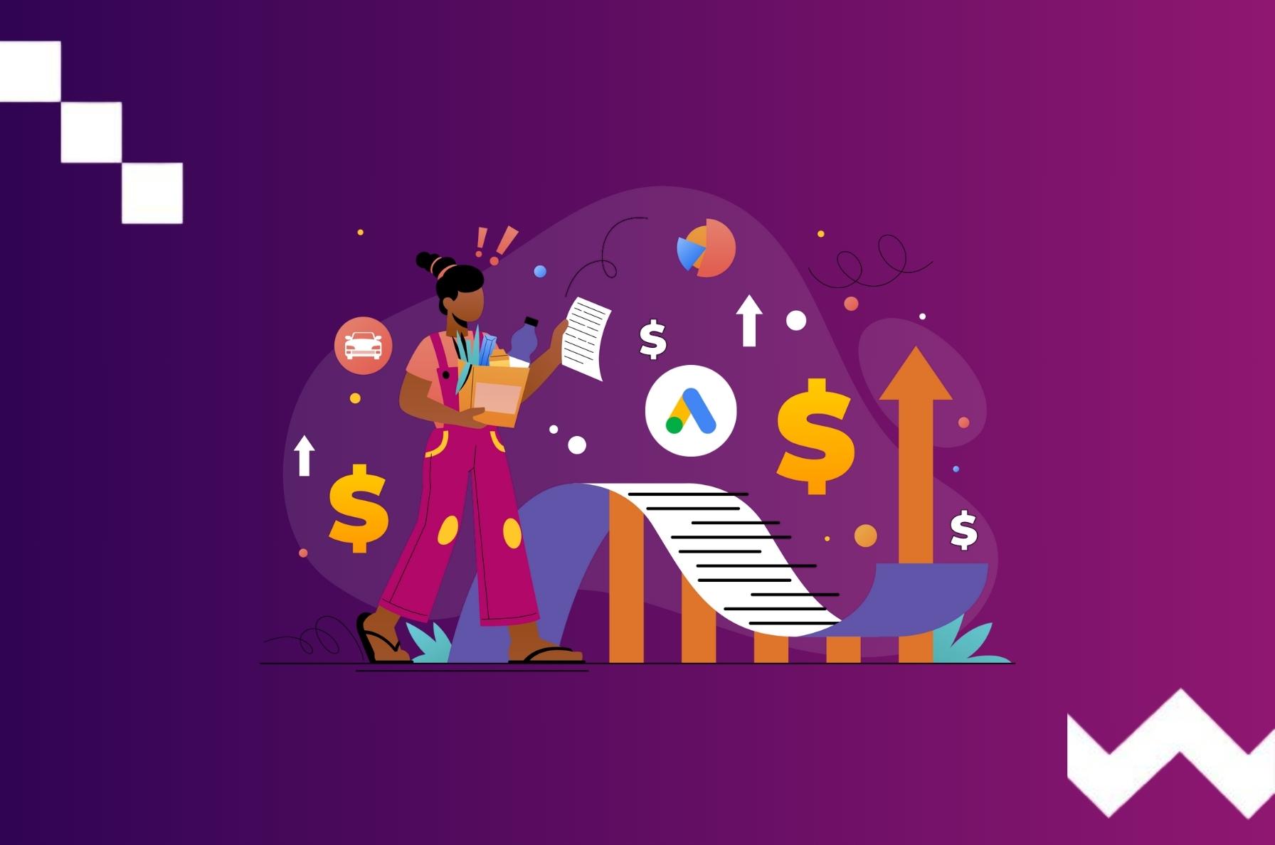 Illustration of a person analyzing advertising data with icons representing Google Ads, dollar signs, charts, and upward arrows on a purple background, symbolizing digital marketing and ad performance tracking.