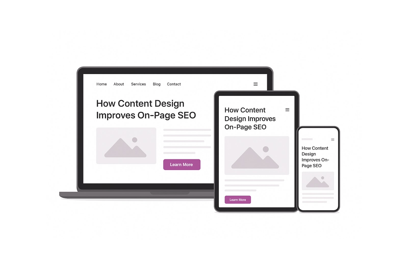 Image showing how content design can improve on page seo on a phone, tablet, and laptop mockup.