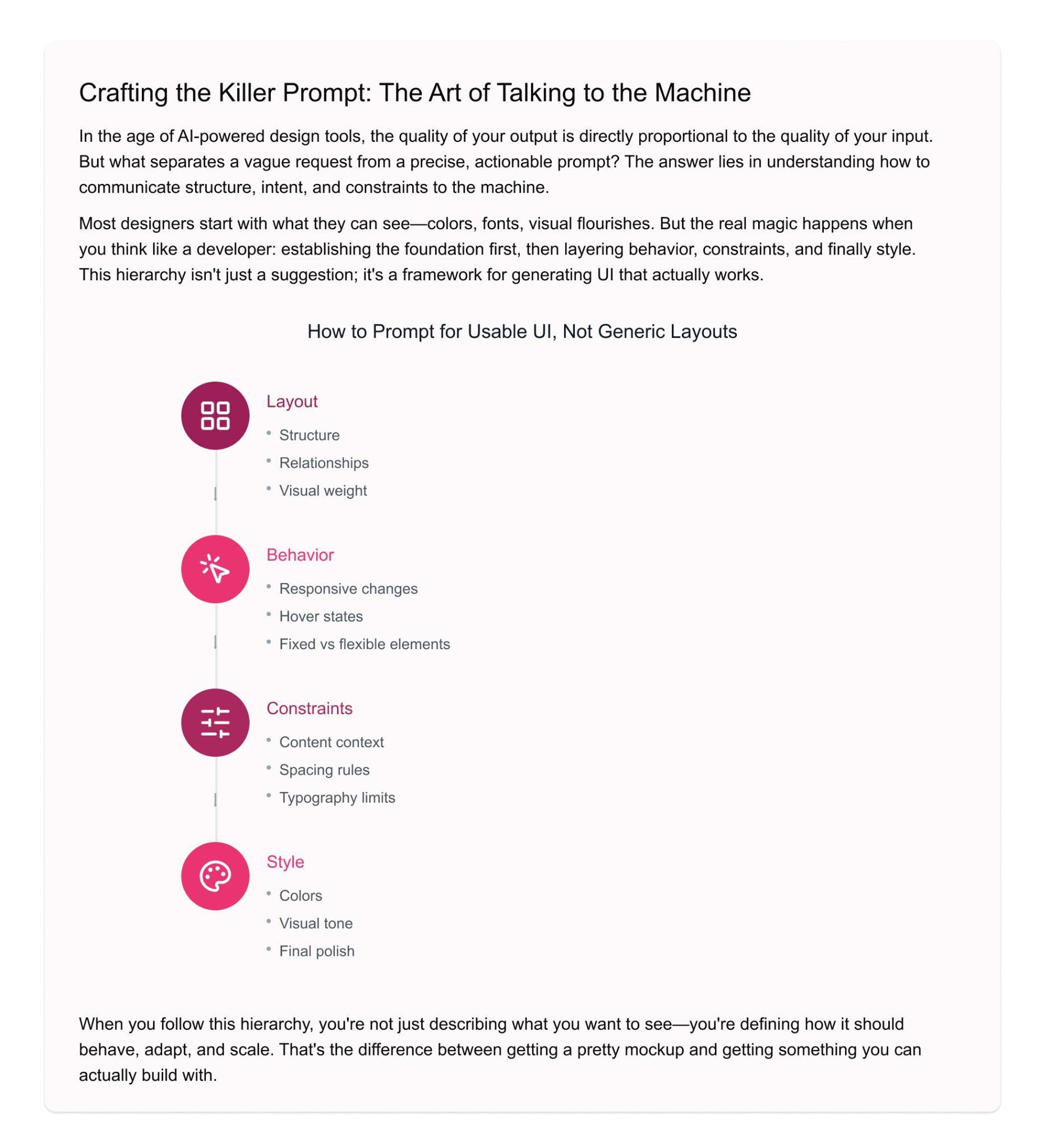 Infographic titled ‘Crafting the Killer Prompt’ explaining how to prompt for usable UI with a hierarchy of layout, behavior, constraints, and style, emphasizing structured input for AI-powered design tools.