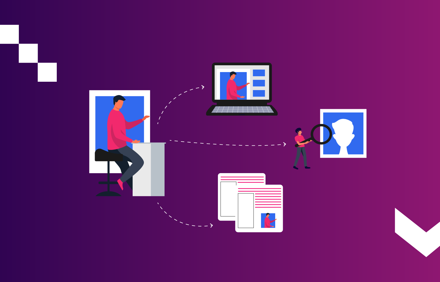 Illustration showing a presenter creating content that flows into digital assets like laptops, documents, and audience analysis. Represents turning a single talk or idea into multiple reusable content formats.