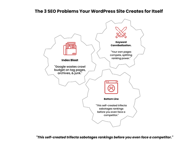 Three WordPress SEO issues: index bloat, keyword cannibalization, and ranking impact.