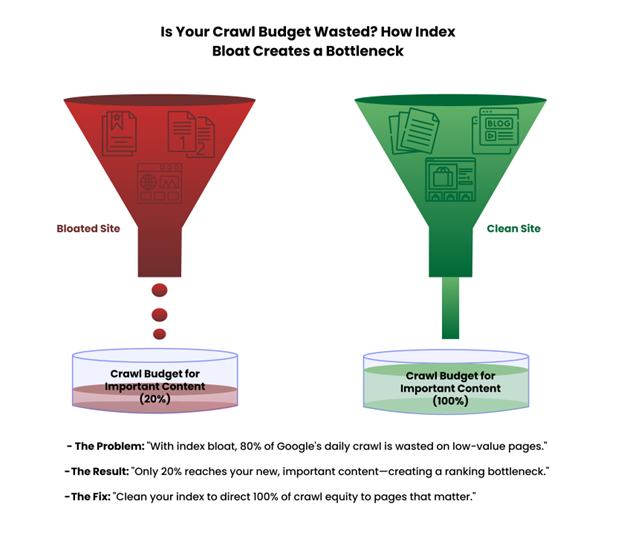 Crawl budget comparison showing index bloat vs clean site optimization.