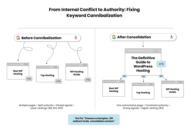 Keyword cannibalization fix: consolidate competing pages into one authoritative guide.